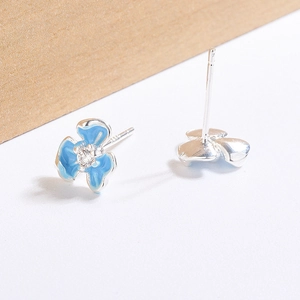 Elegant blue iris flower stud earrings with enamel petals and central zircon stones