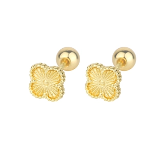 Detail of gold four-leaf clover stud earrings with radial texture and ball back screw