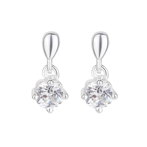 Detail of silver drop earrings with four-prong square cubic zirconia on white background