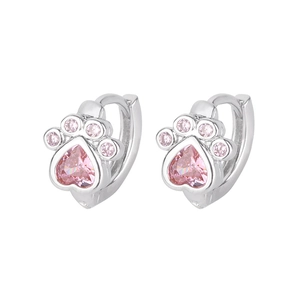 Cute silver cat paw earrings with pink heart-shaped stones and polished finish