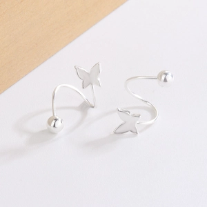 S925 silver plated spiral spring butterfly ear studs with a polished bead accent
