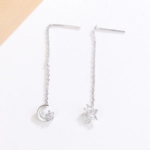 S925 sterling silver long tassel earrings with asymmetric star and moon charms