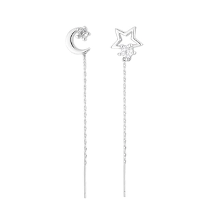 Elegant asymmetrical moon and star long tassel drop earrings in S925 silver finish