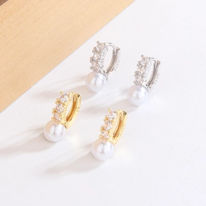 Artificial Pearl Drop Hoop Earrings With Zircon Inlay Elegant Metal Finish Fashion Jewelry For Women With 925 Sterling Silver Earring Post