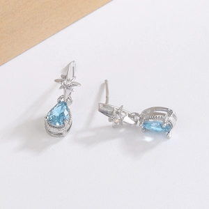 Elegant water drop earrings with light blue zircon and star detail in silver finish