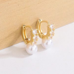 Elegant 14K gold plated hoop earrings with sparkling zircons and round white pearls