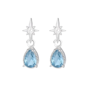 Teardrop light blue zircon earrings with starburst stud in polished silver finish