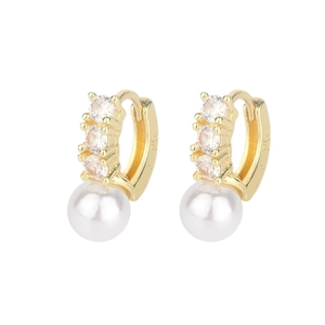 French vintage 14K gold plated pearl hoop earrings with shiny white zircon inlay