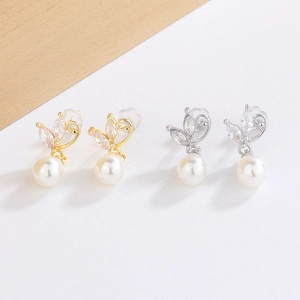 Elegant Copper Zircon And Artificial Pearl Drop Earrings With Leaf Design For Women French Style Light Luxury Jewelry