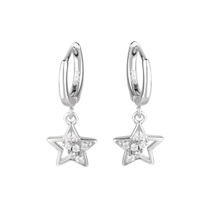 Detail of silver S925 star hoop earrings with sparkling cubic zirconia inlay