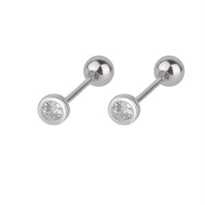 Macro side view of silver bezel-set round cubic zirconia screw back stud earrings
