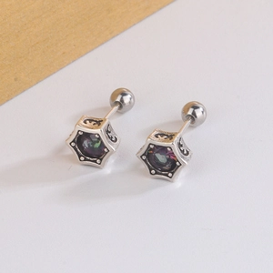 Vintage Kupfer Hexagramm Stern Ohrknorpel Stecker Mit Buntem Edelstein Schraubverschluss Punk Stil