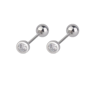 Minimalist silver geometric barbell stud earrings with round cubic zirconia stones