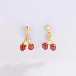 Exquisite Cherry Drop Earrings Copper With Red Resin Fruit And Zircon Leaf Sweet Cute Jewelry For Women