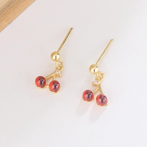 Sweet cherry stud earrings with red glass beads and gold metal leaf in minimalist style