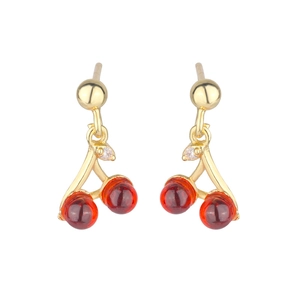 Sweet cherry drop earrings with red beads and gold plating on a white background