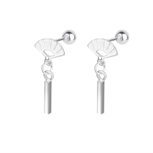 Detail showing vintage Chinese fan-style silver earrings with a vertical bar and screw back