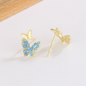 Boucles d'oreilles papillon bleu en argent S925 plaqué or avec zircons brillants