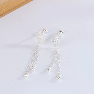 Elegant hollow flower tassel silver screw back earrings with delicate chain details