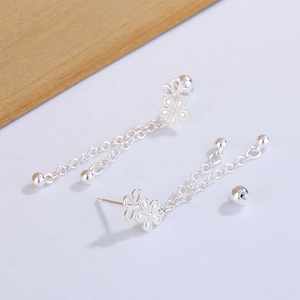Minimalist hollow flower tassel screw stud earrings in polished silver finish