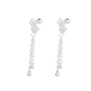 Elegant silver cutout flower tassel screw back earrings with polished silver bead chains