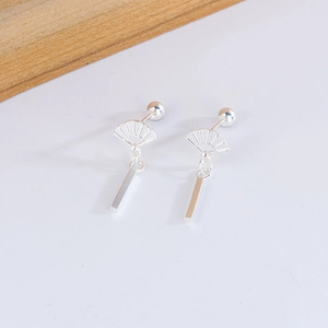 Vintage fan-shaped silver earrings with dangling rectangle bars on a white surface
