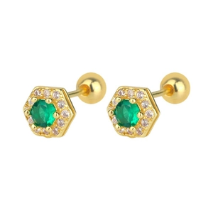 Vintage gold hexagonal earrings with green emerald zircon and screw backs
