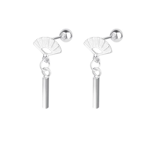 Vintage fan-shaped stud earrings with long bar drop in polished silver finish