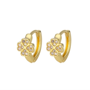 Detail of gold clover hoop earrings with micro-pave white zircon crystals set in gold