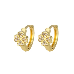 Elegant gold four-leaf clover hoop earrings with pavé white cubic zirconia stones