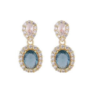 Eleganti orecchini a goccia francesi in oro con zircone blu e dettagli in cristallo
