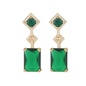 Luxurious square emerald stud earrings with micro-pave cubic zirconia in gold plating