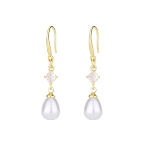 Elegant gold drop earrings featuring cubic zirconia and teardrop-shaped pearls on white