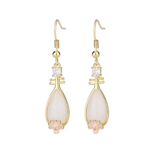 Detail of vintage s925 silver earrings with jade drops and pink enamel petals