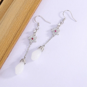 Vintage silver magnolia earrings with white jade drops, red gems and elegant tassels