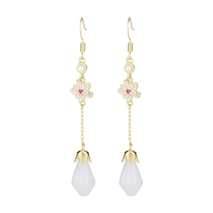 Vintage gold drop earrings with white magnolia jade, cherry blossoms and pearls