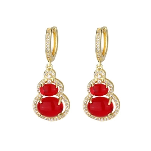 New Chinese style gold lever-back earrings with red gourd stones and white crystal accents