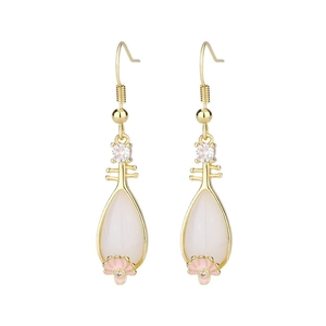 Classical S925 silver plated Pipa earrings with white jade stone and pink enamel detail