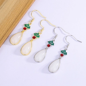 Detail view of New Chinese enamel cloud earrings with elegant teardrop pendants