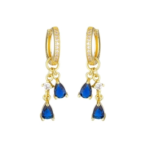 Elegant gold drop earrings with blue teardrop crystals and sparkling zircon accents