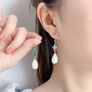 Elegant Chinese style enamel tassel earrings with white teardrop pendants for women