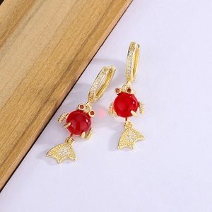 Exquisite koi fish drop earrings with red cabochon stones and sparkling micro-inlay crystals
