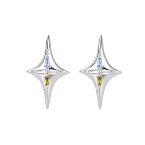Détail de boucles d'oreilles étoile en argent avec zircons bleu clair et jaune vif