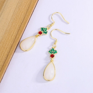 New Chinese style tassel earrings with green enamel clouds and white pear-shaped pendants
