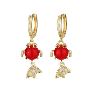 Elegant Chinese style golden koi fish earrings with red stones and sparkling crystals
