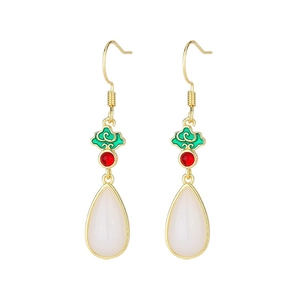 New Chinese style enamel tassel drop earrings with green cloud pattern and white stones