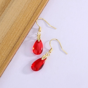Elegant Chinese vintage red carnelian teardrop earrings with golden leaf accent tassels
