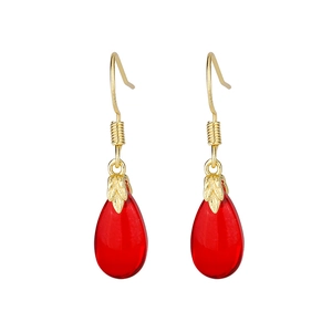Retro style gold leaf drop earrings with translucent red carnelian tassels for women