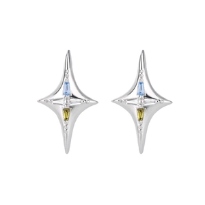 Boucles d'oreilles étoile à quatre branches avec gemmes bleues et jaunes en argent