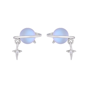 Detail of Saturn-shaped stud earrings with blue frosted sphere and zircon star charms